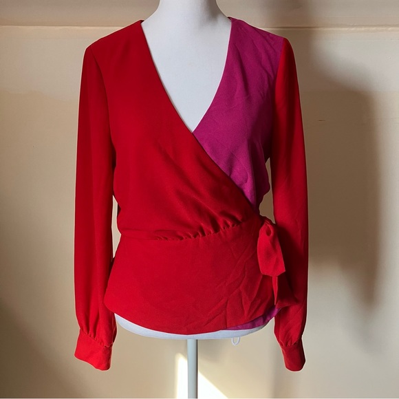 Bailey 44 Red/Pink Colorblock Wrap Long Sleeve Blouse size 4 - Picture 2 of 8